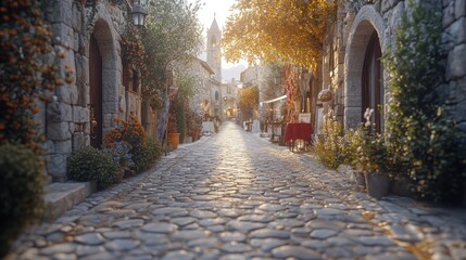 Obraz premium A cobblestone street lined with old stone buildings, sunlight shines through the leaves of trees, creating a warm and inviting atmosphere.