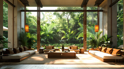 Fototapeta premium Eco-lodge hotel interior with tropical forest view, creating a serene and relaxing ambiance, surrounded by the nature, 3d render. Decor concept. Real estate concept. Art concept