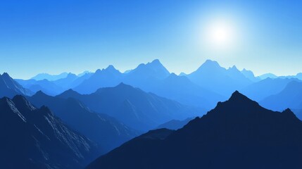 Obraz premium A panoramic view of a mountain range with a bright sun in the sky. The mountains are layered and appear to be a dark blue color in the distance, becoming lighter and more faded towards the horizon.