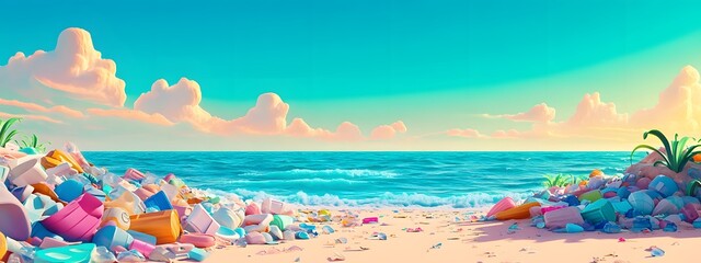 Fototapeta premium A flat vector cartoon illustration depicting plastic bottles and trash on a beach, with an ocean in the background. 