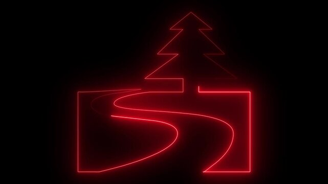 Abstract road and tree icon with neon glowing on black background.