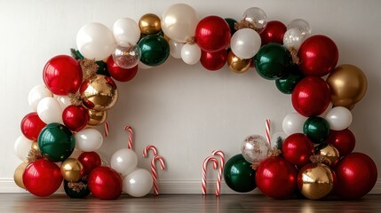 Obraz premium Festive Christmas balloon arch. Photo wall decoration space or place for text. Celebration concept