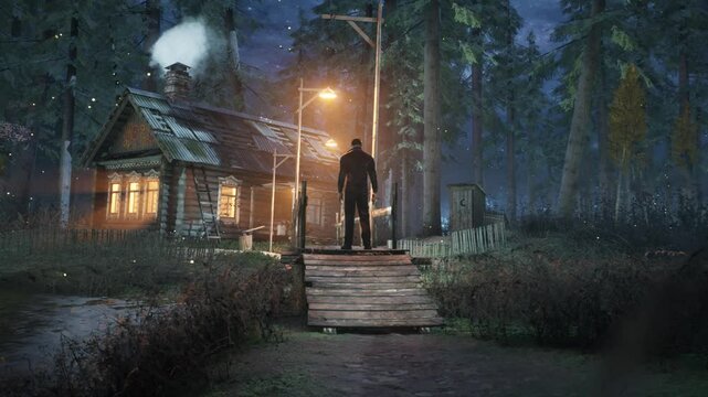 Killer with knife, waiting outside a Secluded House in the Woods, little bridge 3D Animation Cinematic Rendering CGI