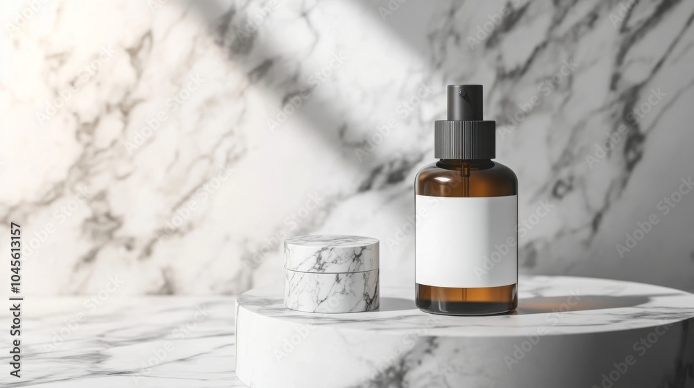 Leinwandbilder a brown glass bottle sits next to a small cream jar on a marble surface. soft natural light highligh
