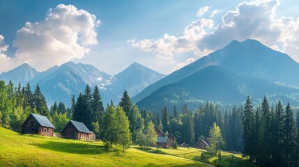 A panoramic view of a small village nestled amongst the rolling hills of a mountainous region, with a lush green field and forest in the foreground.