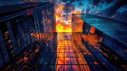 The glassy exterior of a skyscraper reflecting a vibrant sunset, blending the colors of the sky with the sleek architecture of the city.