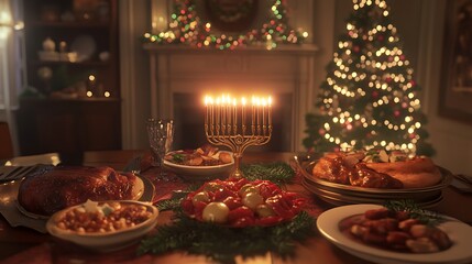 Cozy 3D Render of Hanukkah Festival Table Setting