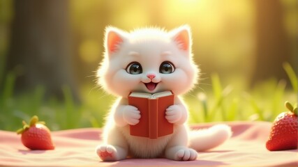 Fototapeta premium Cute cartoon kitten reading a book in a sunny garden, surrounded by lush grass and ripe strawberries.