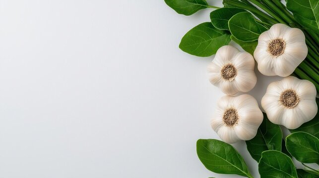 A photostock of fresh garlic bulbs on a white background, close-up, clean style