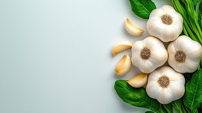 A photostock of fresh garlic bulbs on a white background, close-up, clean style