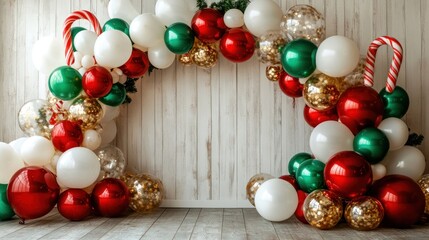 Festive Christmas balloon arch. Photo wall decoration space or place for text. Celebration concept