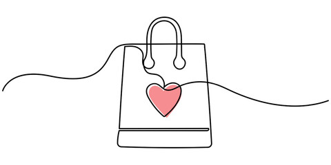 Naklejka premium Continuous single line drawing of shopping bag design. Simple paper bag one line vector illustration, Continuous single line drawing of shopping bag design. Simple paper bag one line vector.