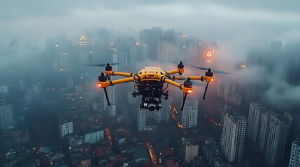 Obraz premium A yellow drone flying over a foggy city at night, with tall buildings and glowing lights.