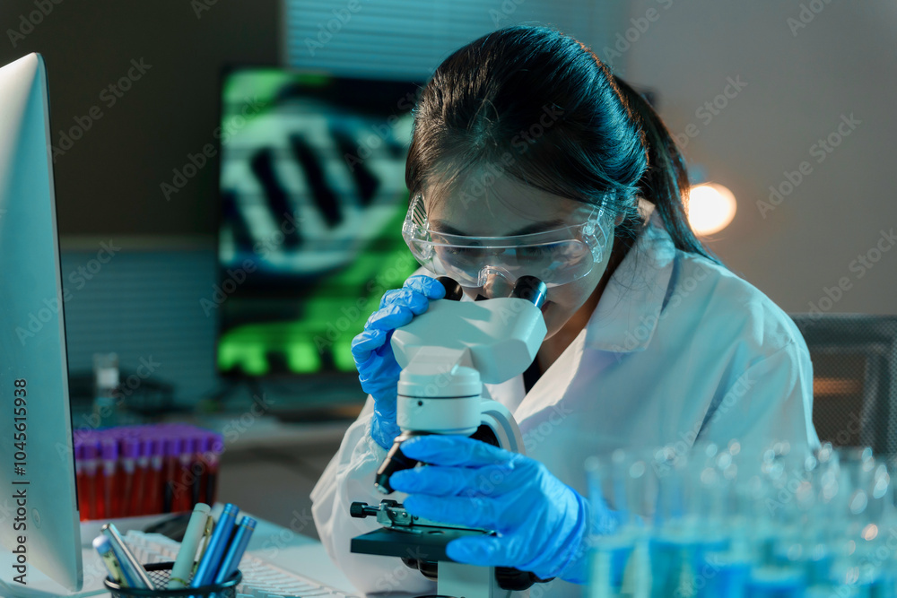 Wall mural young scientist wearing a lab coat and protective glasses is adjusting a microscope while working la