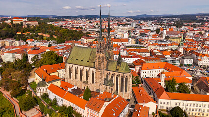 defaultBrno, Czech Republic. Cinematic Aerial view to the Roman Catholic cathedral. Originally...