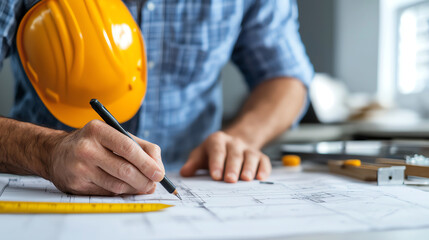 Skilled architect drafting innovative building plans with precision and care in a modern workspace