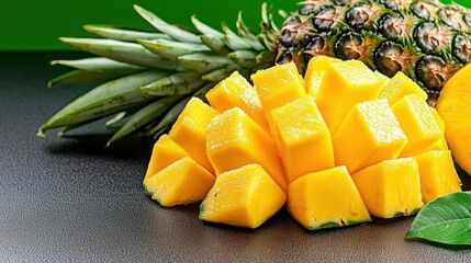 A photostock of fresh mango and pineapple slices, yellow background, bright colors