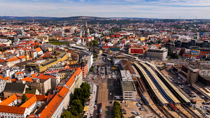 Brno, Czech Republic. Cinematic Aerial view to the old town Brno. Cozy streets and red roofs