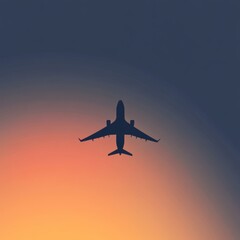 The silhouette of an airplane glides gracefully through a colorful twilight sky, evoking the thrill and freedom of exploration. Generative AI