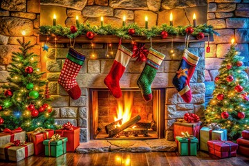 Fototapeta premium Cozy Christmas Fireplace with Stockings and Holiday Decor for Warm Atmosphere