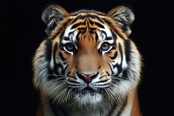 Fototapeta premium A stunning close-up of a tiger's face, showcasing its vibrant fur and intense gaze against a dark background. The powerful animal represents strength and grace.