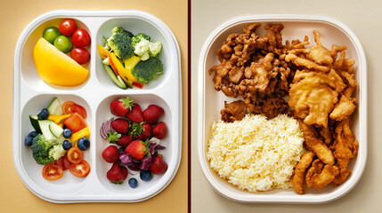 fried foods and vegetables depict the healthy and unhealthy diet