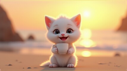 Fototapeta premium Adorable fluffy kitten holding a cup, sitting on a serene beach during a golden sunset, exuding warmth and charm.