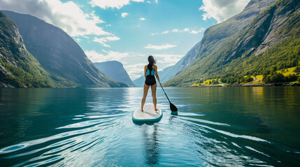 A woman on a SUP board floats on a sea bay with fjords around. Girl on surfboard swims on mountain lake.