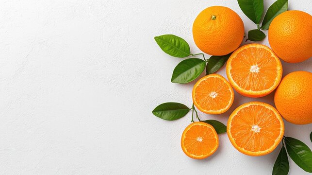 A photostock of fresh oranges, white background, clear details