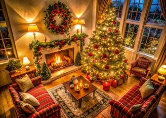 Obraz premium Cozy Christmas Sitting Room with Drone Photography for Holiday Decor Inspiration