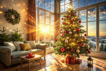 Obraz premium Cozy Christmas Tree by Window in Sunny Living Room – Double Exposure Photography