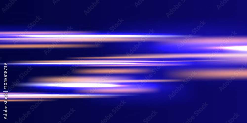Poster Light effect of neon lines movement.Horizontal lines. Speed ​​effect on a transparent background.lines of light, speed and movement.