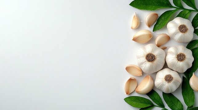 A photostock of garlic cloves and slices on a white background, close-up