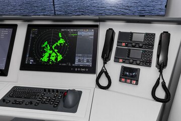 Radar screen with green display indication and ship communication system
