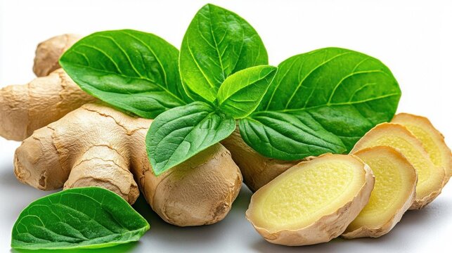 A photostock of ginger roots on a white background, close-up, clear details