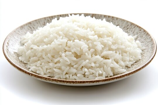 A plate of freshly cooked white rice on a white background.