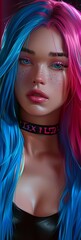 Fototapeta premium A striking portrait of a woman with long blue hair, illuminated by dramatic red and blue lighting. Her calm expression and detailed features evoke a futuristic and bold aesthetic.