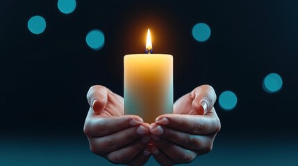 A photostock of hands holding a burning candle, dark background, soft light