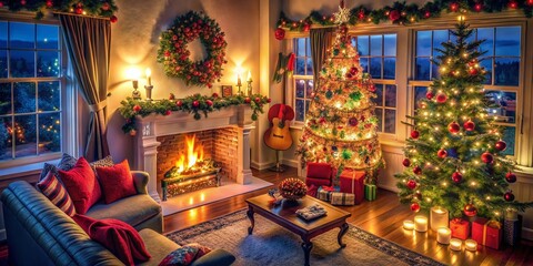 Fototapeta premium Cozy Fireplace Surrounded by Twinkling Christmas Lights for Holiday Decor Inspiration