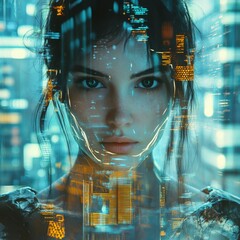 A cyber punk style young girl in a cyber punk style city.