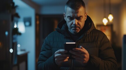 Adult man holding a mobile phone and viewing messages on mobile phone. Fake Text message SMS scam or phishing concept.