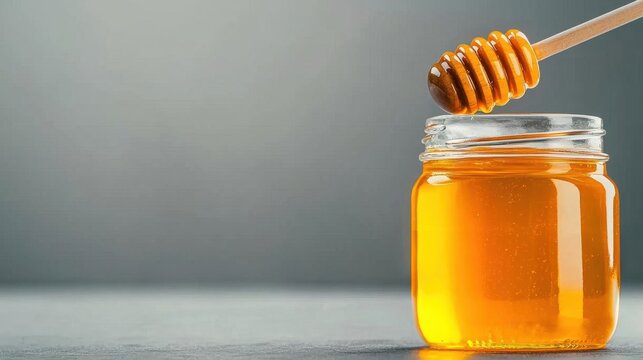 A photostock of honey jar with honey dipper, white background, clear details