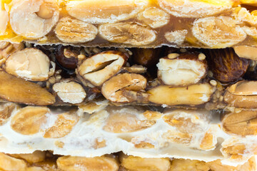 Close-up image of turrón (nougat), a traditional Spanish Christmas sweet made with almonds.