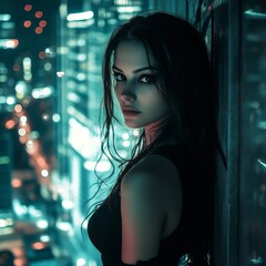 A cyber punk style young girl in a cyber punk style city.