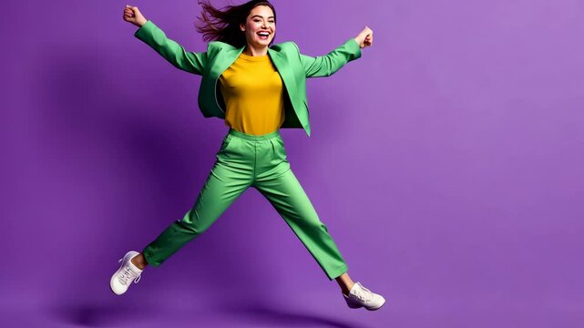 Full length of lovely teen lady running hurry dressed stylish green garment isolated on violet color background Video