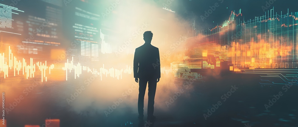 Poster business trader analyzing market data in digital space