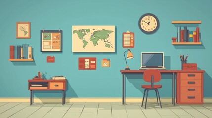 A computer desk with a laptop, a clock, and a lamp