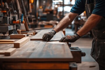 A skilled carpenter measures and marks a piece of wood on a workbench surrounded by various tools and timber in a workshop bustling with activity in the afternoon