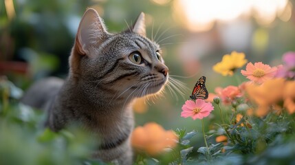 Pets playing in a lush garden with blooming flowers and greenery. Highlighting the joy and freedom of pets in nature. Ideal for gardening and pet lifestyle.