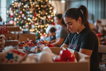 Volunteers packing toys for Christmas donation drive..
